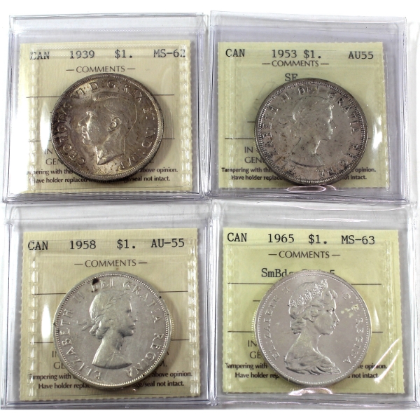 Silver $1 1939-1965 ICCS AU55 to MS63. 4pcs.