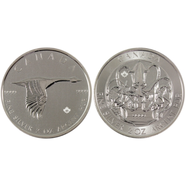 2x 2oz 2020 $10 Canada Goose & Creatures of the North - The Kraken .9999 Fine Silver Rounds. 2pcs.