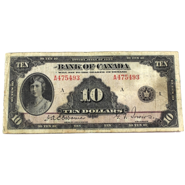 BC-7 1935 $10 English F Osborne-Towers SN: A475493 Check Letter A