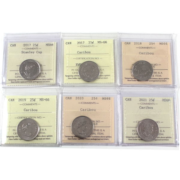 25-cent 2017 to 2021 ICCS MS66. 6pcs.