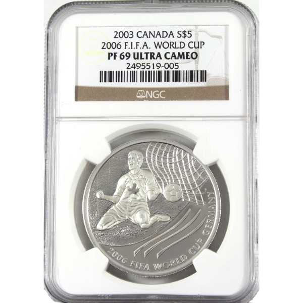 2003 $5 2006 F.I.F.A. World Cup 1oz .9999 Fine Silver Coin NGC PF69 UC (Tax Exempt)