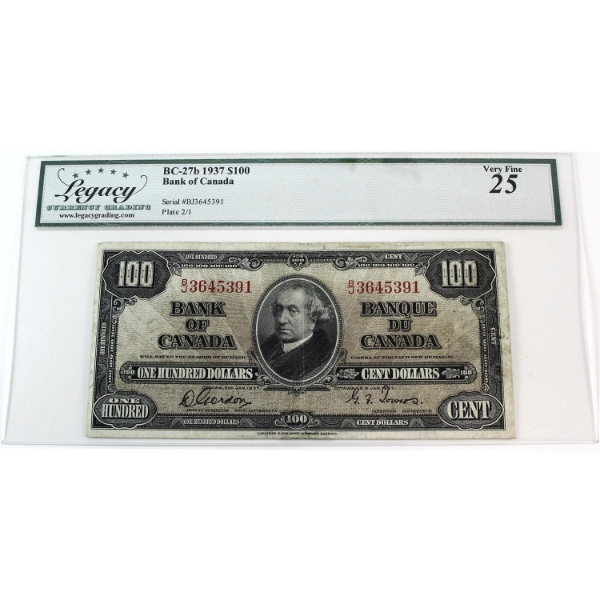 BC-27b 1937 $100 Legacy VF25 Gordon-Towers, SN: B/J3645391