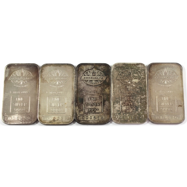 5x 1oz Engelhard c.1981 Maple Leaf Logo .999+ Silver Bars. 5pcs. (Tax Exempt)