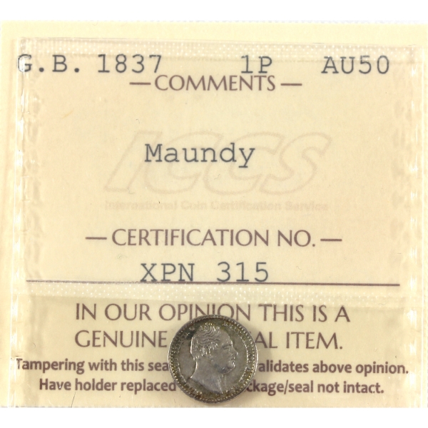 Great Britain Silver 1837 1 Pence Maundy ICCS AU50