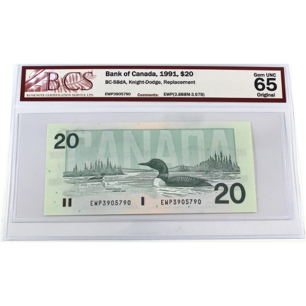BC-58dA 1991 $20 BCS GEM UNC65 Original Knight-Dodge Replacement Note SN:EWP3905790