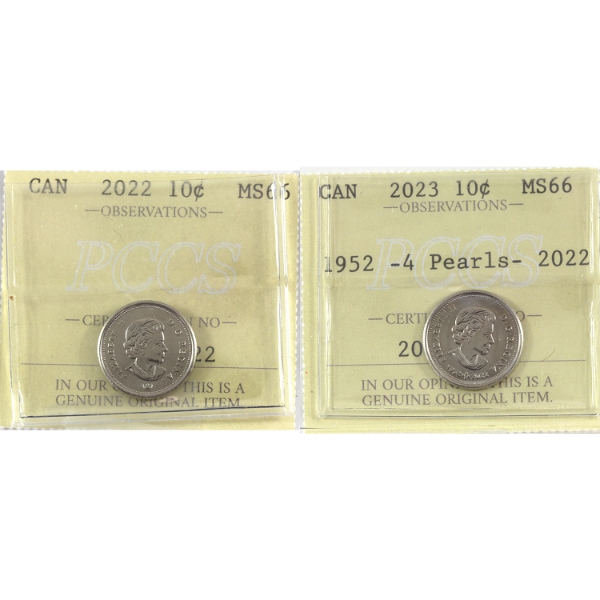 10-cent 2022 & 2023 1952 4 Pearls PCCS MS66. 2pcs.