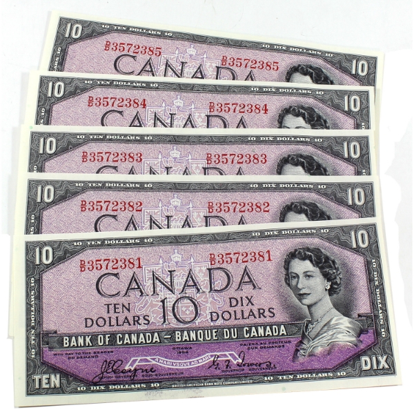 5x BC-32a 1954 $10 Devil's Face Consecutive UNC Coyne-Towers SN: D/D3572381-"85. 5pcs.