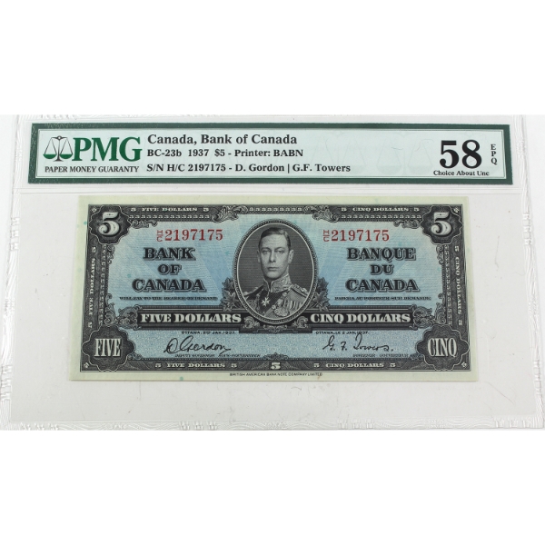 BC-23b 1937 $5 PMG Choice AU58 EPQ Gordon-Towers SN: H/C2197175