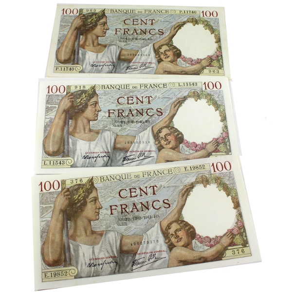 Group Lot of 3x France 1940-1941 100 Franc Banknotes UNC. 3pcs.