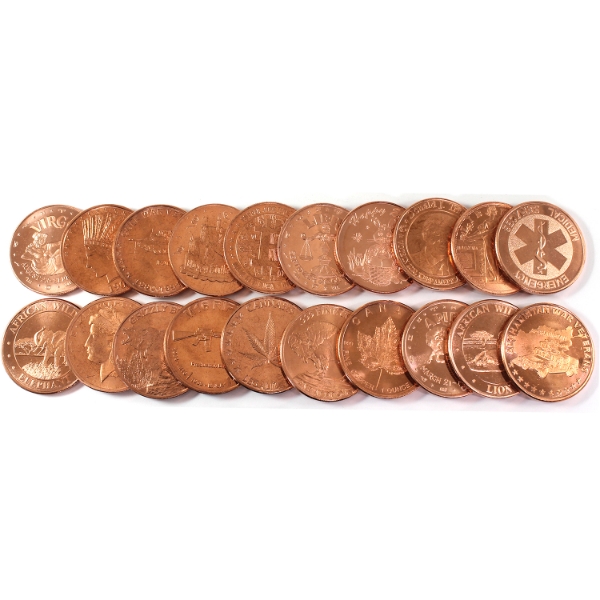 20x Mixed Lot .999 Fine Copper Rounds in Plastic Tube. 20pcs.