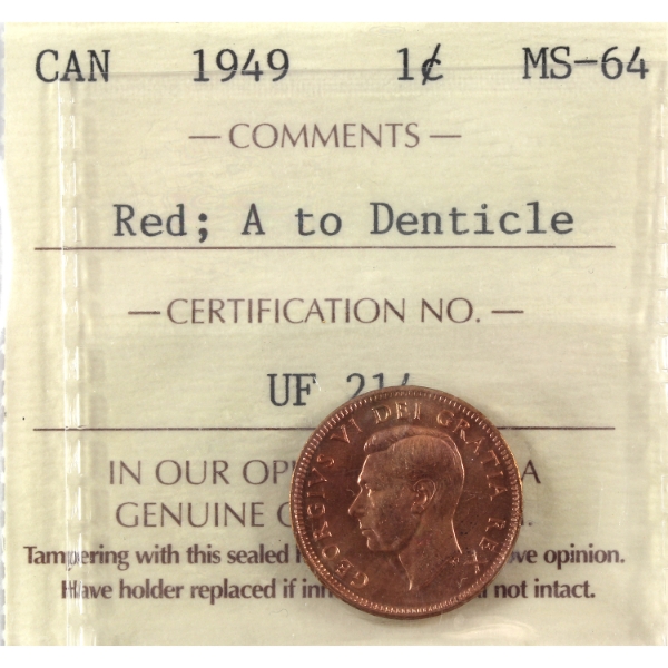 1-cent 1949 A to Denticle ICCS MS64 Red