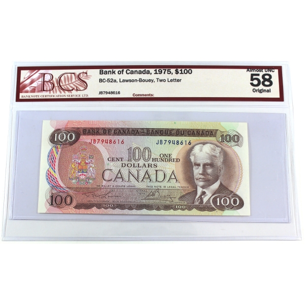BC-52a 1975 $100 BCS AU58 Original Lawson-Bouey Two Letter SN:JB7948616