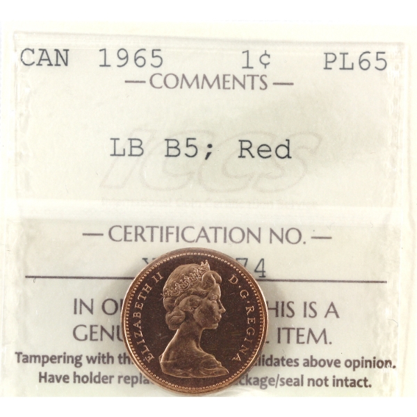 1-cent 1965 LB B5 ICCS PL65 Red