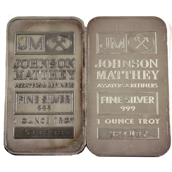 2x 1oz Johnson Matthey 'SOOTERS' .999 Silver Promotional Bars, V1 & V2. *Scarce!* 2pcs. (Tax Exempt)