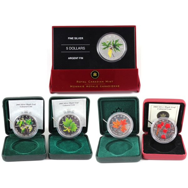 Group Lot of 2001-2005 $5 SML Coloured Fine Silver Coins. 5pcs. (Tax Exempt)