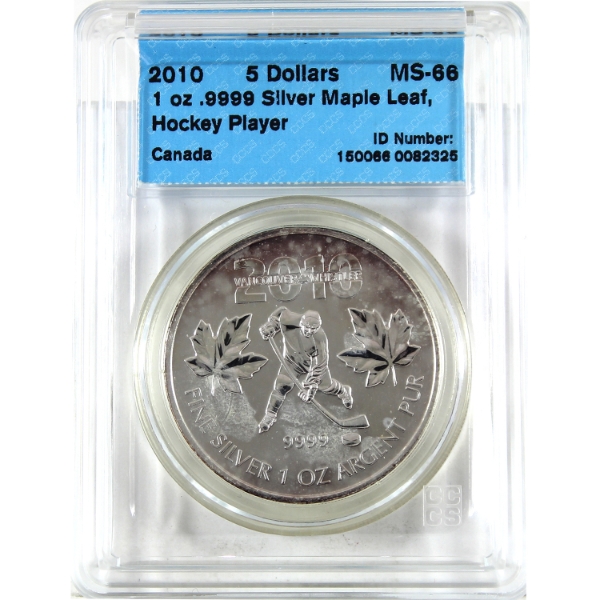 2010 $5 Olympic Hockey Silver Maple Leaf .9999 Fine Silver Coin CCCS MS66 (Tax Exempt)