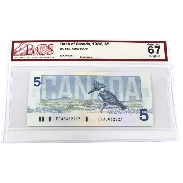 BC-56a 1986 $5 BCS GEM UNC67 Original Crow-Bouey SN:EOA5462227