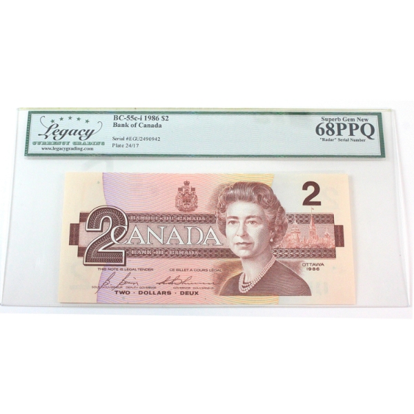 RADAR BC-55c-i 1986 $2 4 Digit RADAR Legacy Superb GEM UNC68 PPQ Bonin-Thiessen SN: EGU2490942