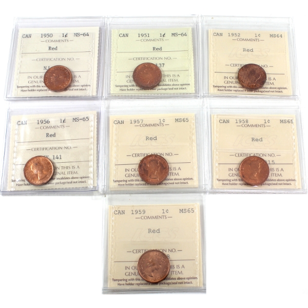 1-cent 1950-1959 ICCS MS64 to MS65 Red. 7pcs.