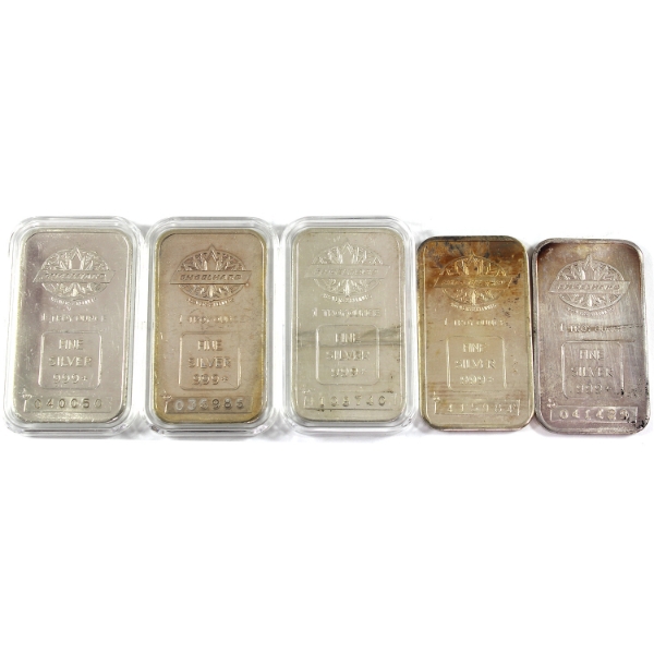 5x 1oz Engelhard c.1981 Maple Leaf Logo .999+ Silver Bars. 5pcs. (Tax Exempt)