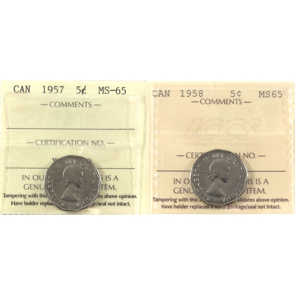 5-cent 1957 & 1958 ICCS MS65. 2pcs.