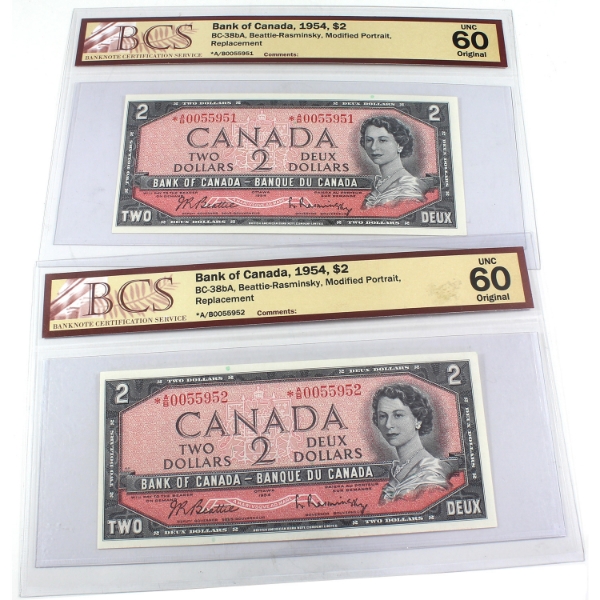 2x BC-38bA 1954 $2 Modified Portrait Consecutive BCS UNC60 Original Beattie-Rasminsky Replacements