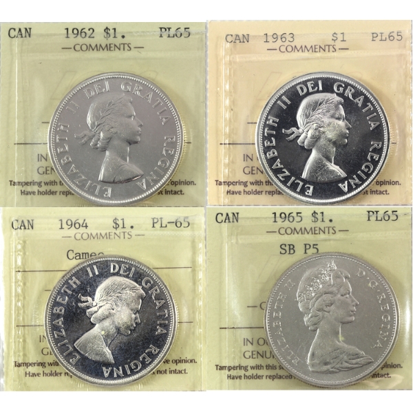 Silver $1 1962, 1963 Cameo, 1964 Cameo & 1965 SB P5 All ICCS PL65. 4pcs