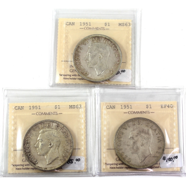 Silver $1 3x 1951 Arnprior EF40, SWL MS63 & Standard MS63 ICCS. 3pcs