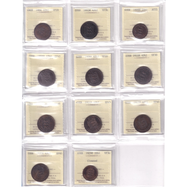 Group Lot of 11x Guernsey 1864-1929 2 Doubles & 4 Doubles ICCS Certified VF20 to AU55. 11pcs