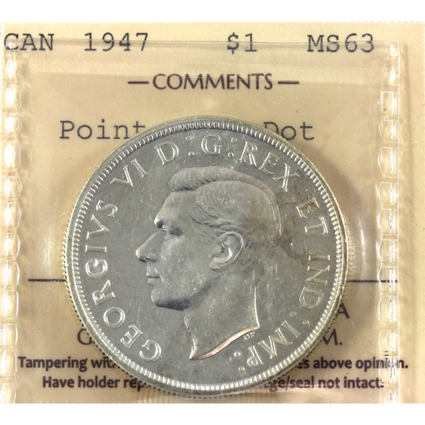 Silver $1 1947 Pointed 7; Dot ICCS MS63