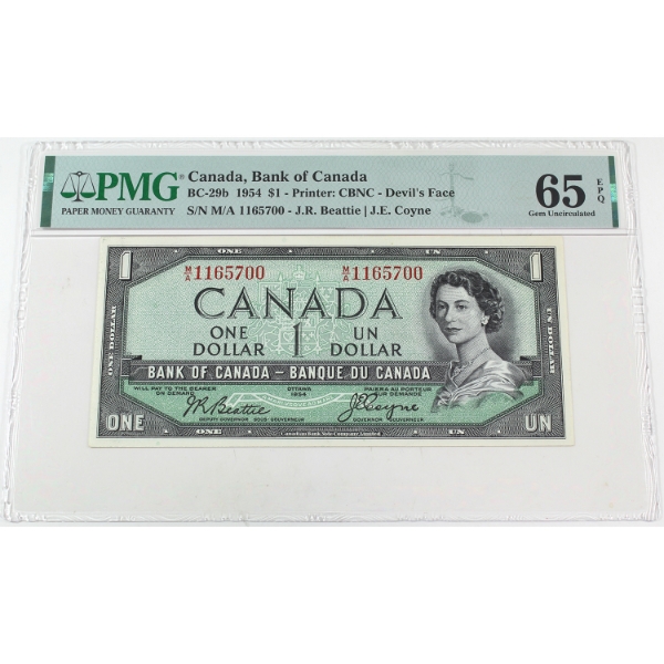 BC-29b 1954 $1 Devil's Face PMG GEM UNC65 EPQ Beattie-Coyne SN: M/A1165700