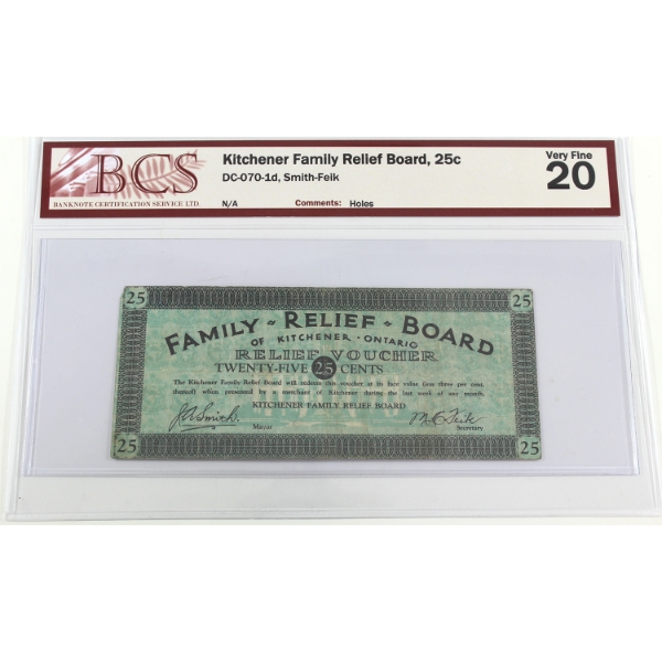 DC-070-1d 25-cent Kitchener Family Relief Board BCS VF20 Smith-Fiek