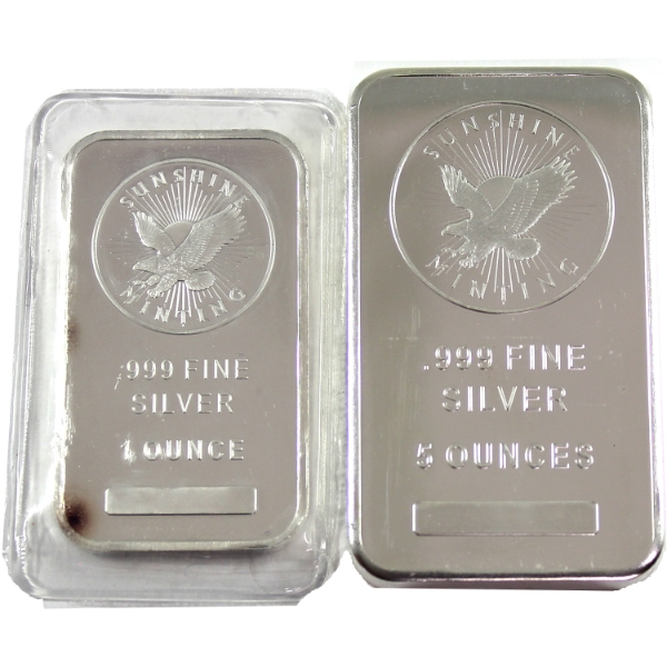 5oz & 1oz Sunshine Mint .999 Fine Silver Bars. 2pcs (Tax Exempt)