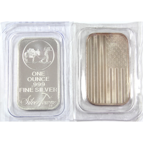 2x 1oz SilverTowne Mint Prospector & American Flag .999 Fine Silver Bars. 2pcs. (Tax Exempt)