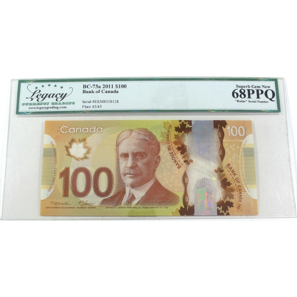 RADAR BC-73a 2011 $100 3 Digit RADAR Legacy Superb GEM UNC68 PPQ Macklem-Carney SN: EKM8318138