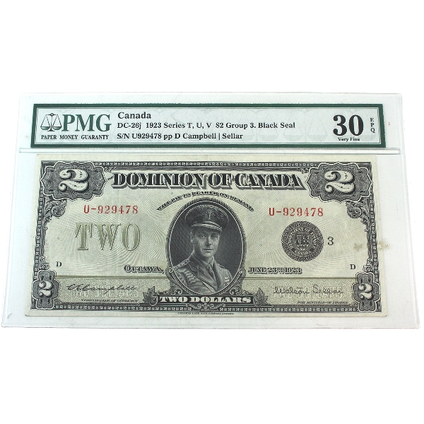 DC-26j 1923 $2 PMG VF30 EPQ Campbell-Sellar Series T,U,V Group 3. Black Seal SN: U929478 ppD 