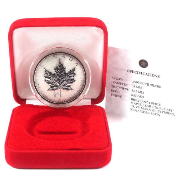 2005 $5 SML w/ Rooster Privy Mark .9999 Fine Silver in Red Velvet Case w/ COA (Tax Exempt)