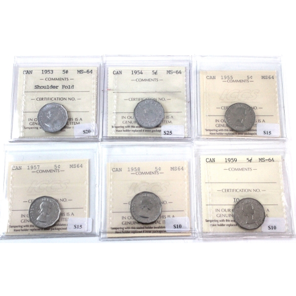 5-cent 1953 SF, 1954, 1955, 1957, 1958 & 1959 ICCS MS64. 6pcs