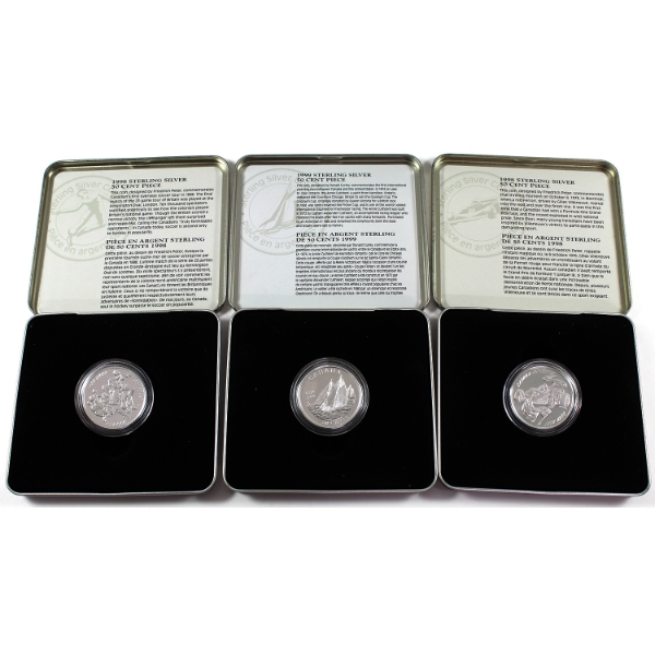 Group Lot of 1998-1999 50-cent Canadian Sports Sterling Silver Coins. 3pcs.