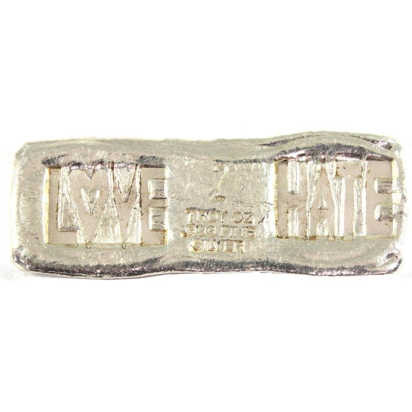 2oz Beaver Bullion Love & Hate .999 Fine Silver Bar (Tax Exempt)