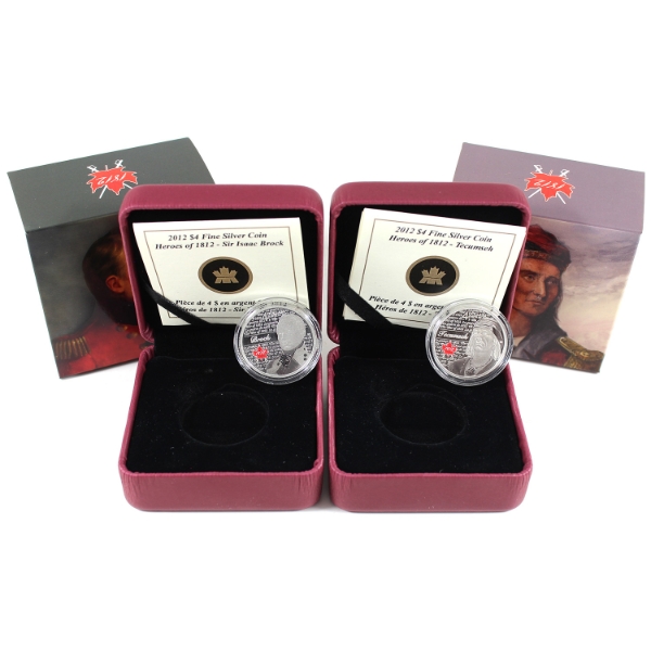 2x 2012 $4 Heroes of 1812- Tecumseh & Sir Isaac Brock Fine Silver Coins. 2pcs (Tax Exempt)