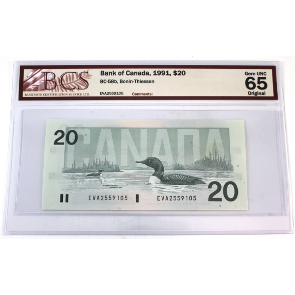 BC-58b 1991 $20 BCS GEM UNC65 Original Bonin-Thiessen SN: EVA2559105