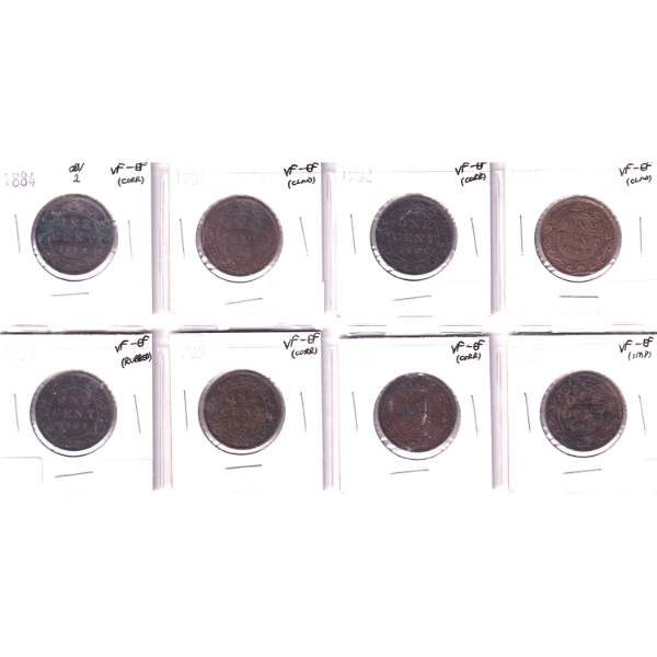 Bulk Collection of 1-cent 1884-1907 VF-EF in 8-Pocket Sheet. 8pcs.