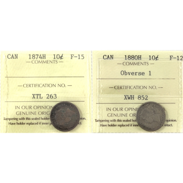 10-cent 1874H F15 & 1880H Obverse 1 F12 ICCS. 2pcs.