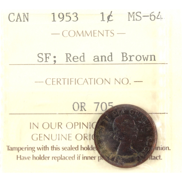 1-cent 1953 SF ICCS MS64 Red & Brown