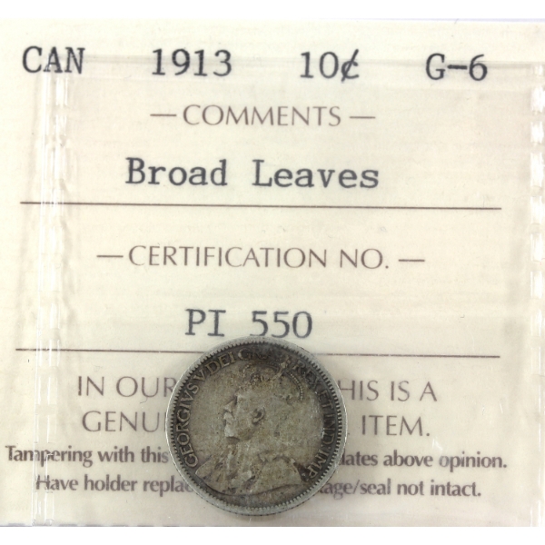 10-cent 1913 Broad Leaves ICCS G6
