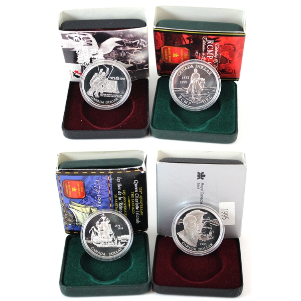 Group Lot of 1995-1999 Commemorative Brilliant Uncirculated Sterling Silver Dollars. 4pcs.