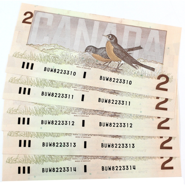 BC-55b $2 Consecutive Thiessen-Crow. SN: BUW8223310-BUW8223314. 5pcs.