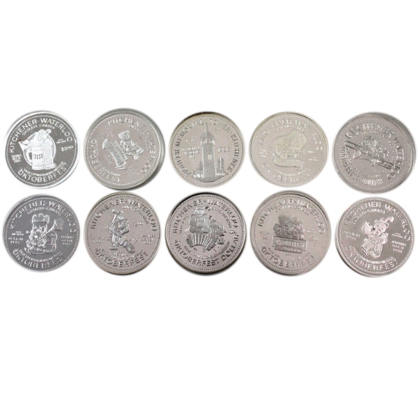 Canada-Kitchener/Waterloo ON 1980-2002 KW Oktoberfest Silver Tokens; .999 Fine Silver. 10pcs. (Tax E