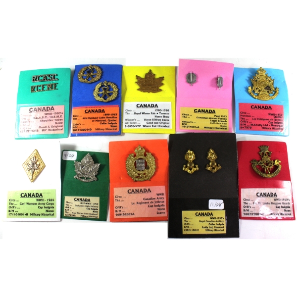 10x Group Lot of Canada c. 1890s-1970s Cap & Collar Insignias, Cufflinks, & Shoulder Titles. 10pcs